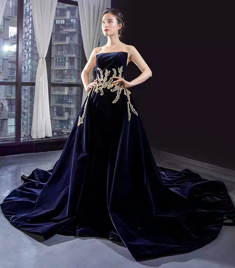 Real luxury high quality gold applique with belt empire waist hot selling evening dresses