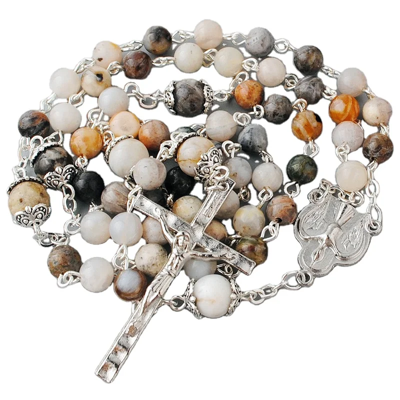 Catholic Religious Items 6mm Bamboo Agate Stone Beads with OF Beads use 8mm Gemstone Beads with Caps Confirmation Rosary