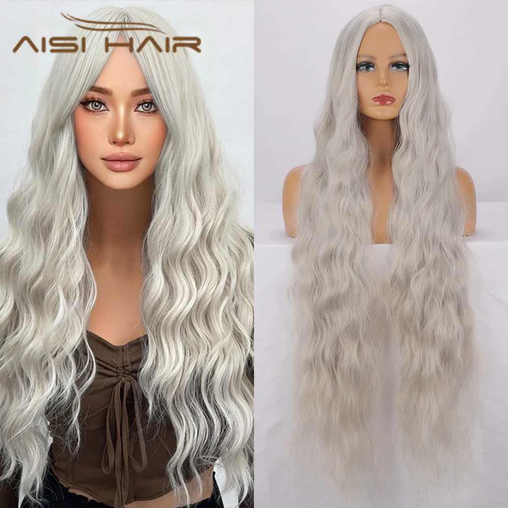 Aisi High Quality Luxury Synthetic Wigs Heat Resistant Hair Mix Ash Blonde Super Long Wavy 34 Inches Glueless Curly Wig Natural