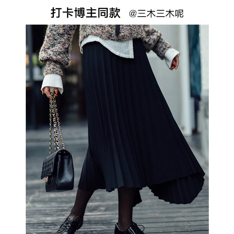 
Naivee commuter ladies long skirt black high waist asymmetric women pleated skirt 