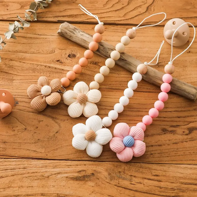 New Baby Pacifier Flower Pacifier Chain Stainless Steel Buckle Baby Can Chew Silicone Pacifier Chain Anti Drop Hanging Rope
