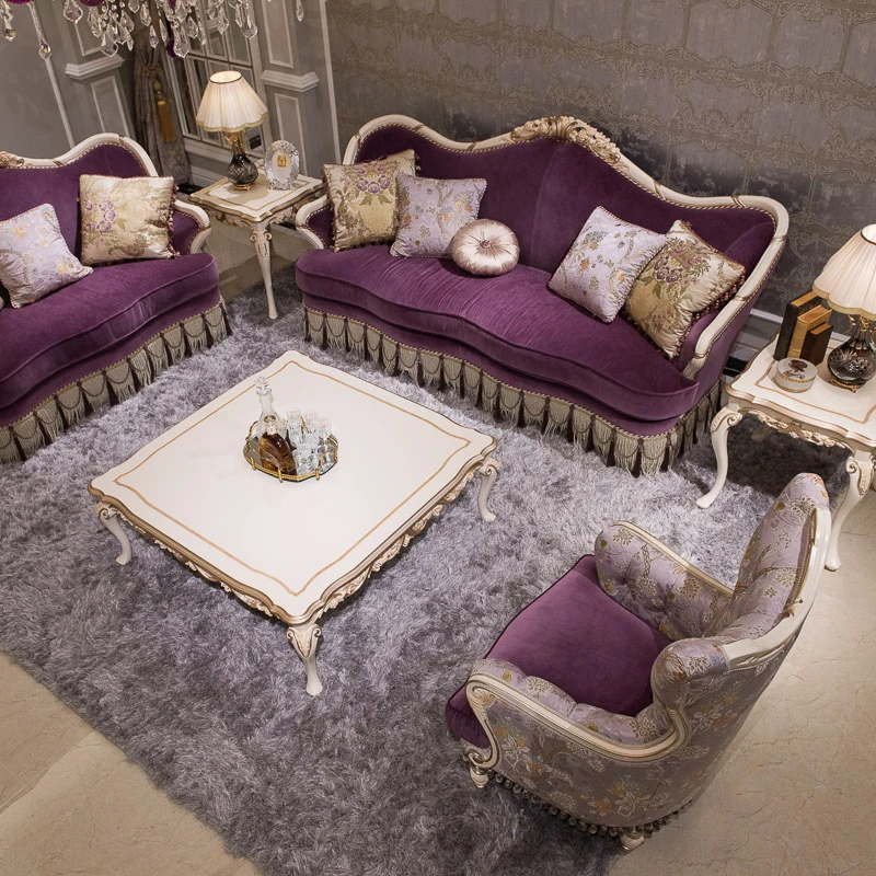 French Villa  Apartment  Factory Price Sale Fabric Sofa Couch 123 seater Sofa  classical carved living room purple  sofa
