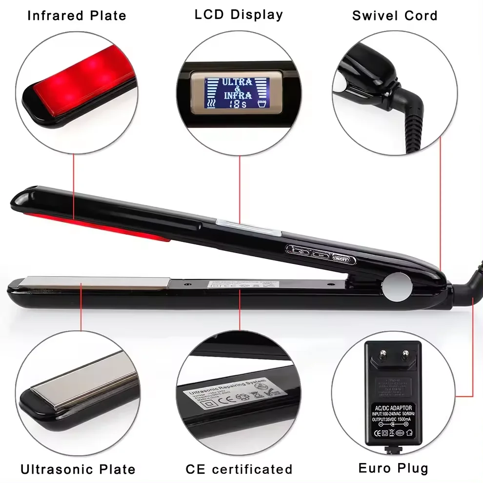 Professional Infrared Mirror Titanium Plates Ultrasonic Flat iron Heatless Hair Straightener For Hair Care