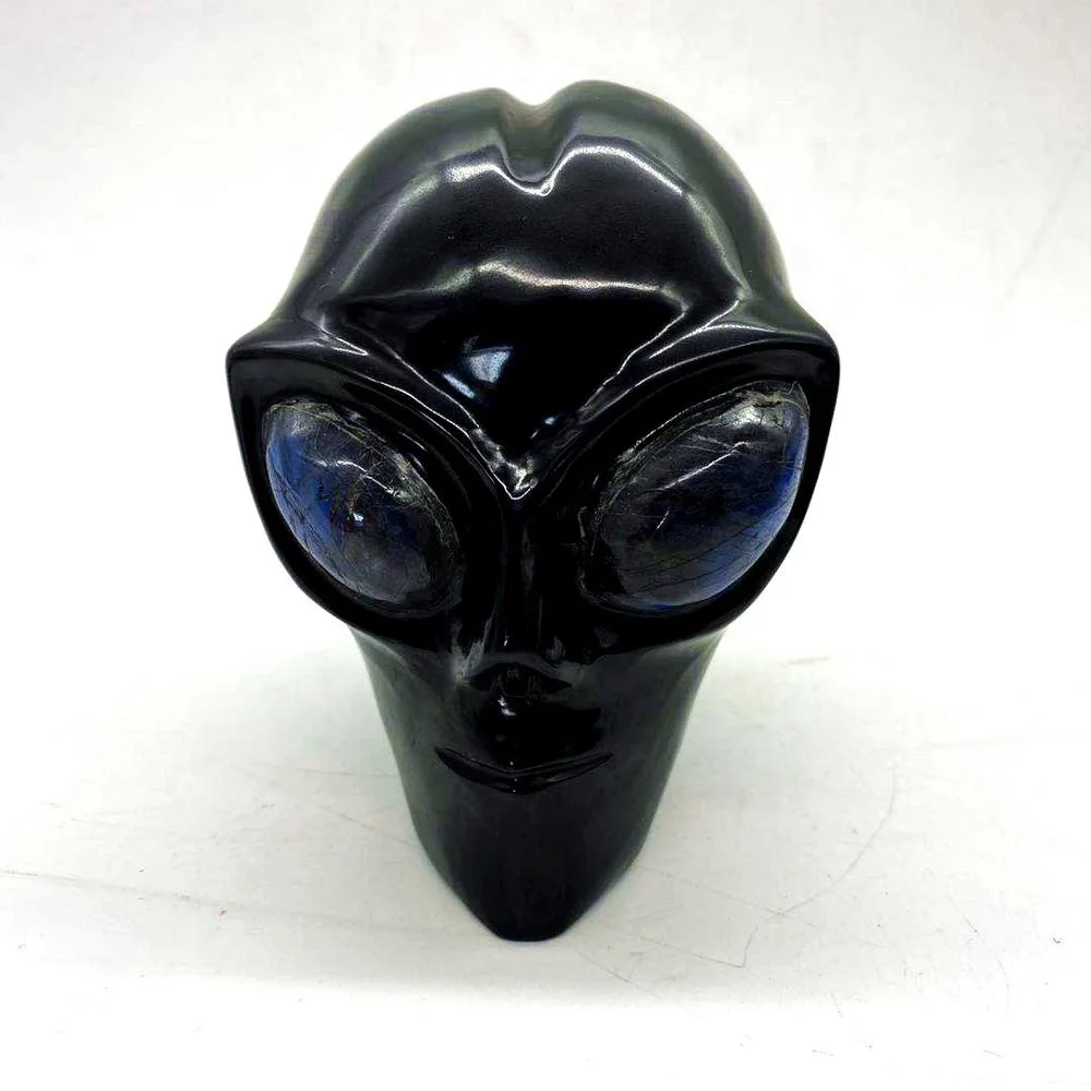 Wholesale black obsidian alien skull folk crafts art sculpture healing crystal carved natural crystal alien head for decoration