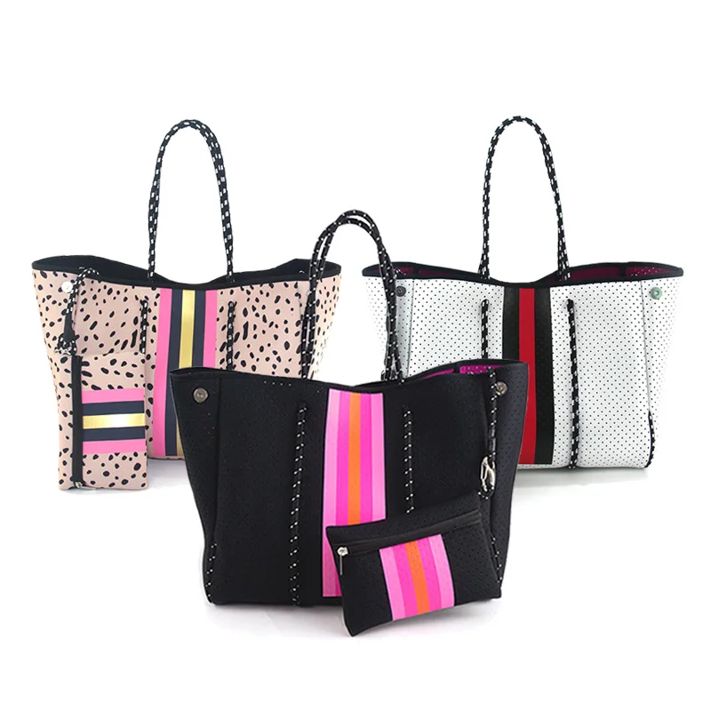 Custom Fashion Luxury Ladies handbags Summer swim Perforated Neoprene Beach Tote bags for Women
