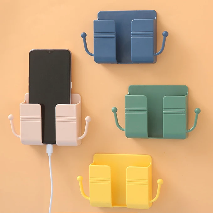Y84 Wall Holder Hooks Storage Box for Bedroom Kitchen Bathroom Adhesive Wall Phone Mount Charging Stand Wall Mount Phone Holder