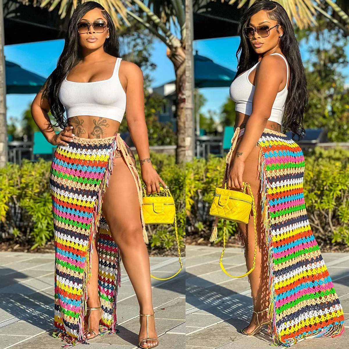 Summer Designer Knitted Tassel Asymmetric Split Skirts Colorful Beach Cover Up Crochet Beach Skirt Hollow Long Stripe Skirt