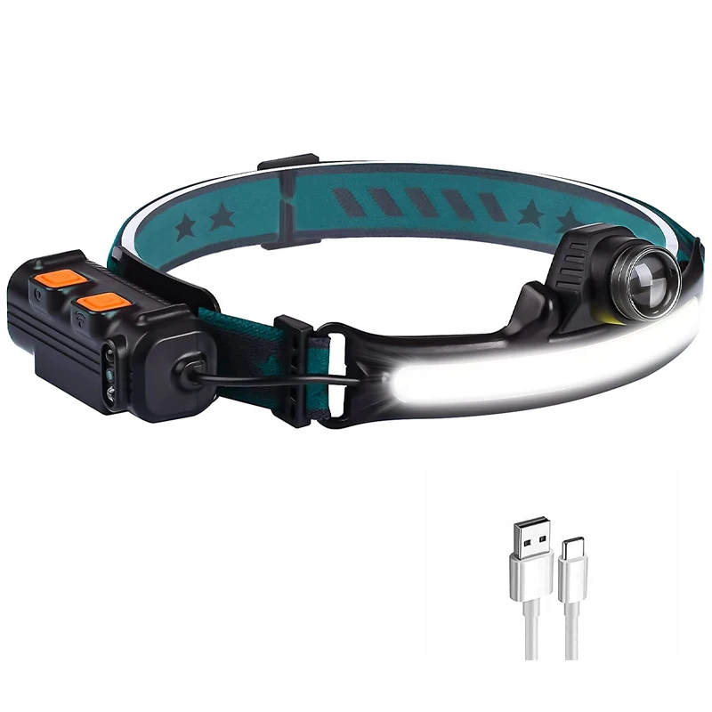 Super Bright Type-C USB Rechargeable zoomable 6 modes Dual light source Motion Sensor Wide Beam Headlamp