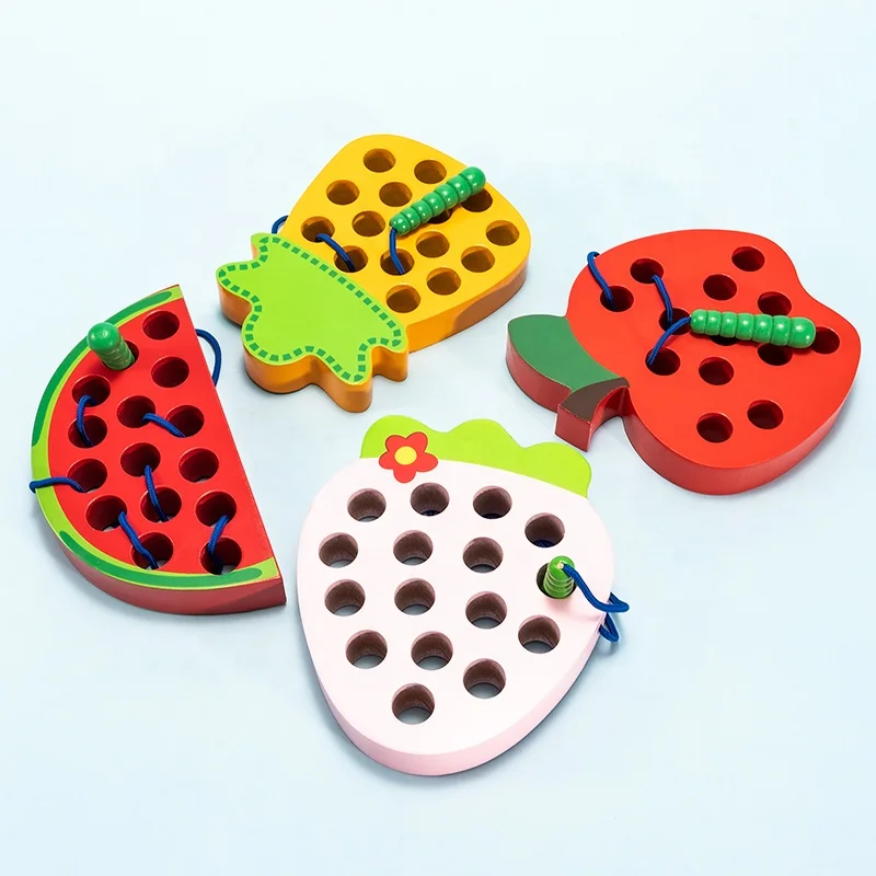 Wooden Worm Eat Fruit Lacing Threading Toys Fine Motor Skills Educational Montessori Gift for 3 4 5 Years Old Toddler Kids