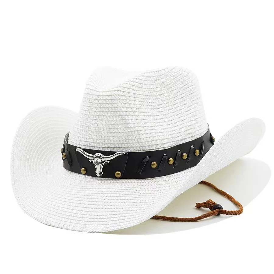 Promotional Custom Logo Straw Cowboy Cowgirl Hat for Men Women Adjustable Sombrero Sun Hat with Chin Strap
