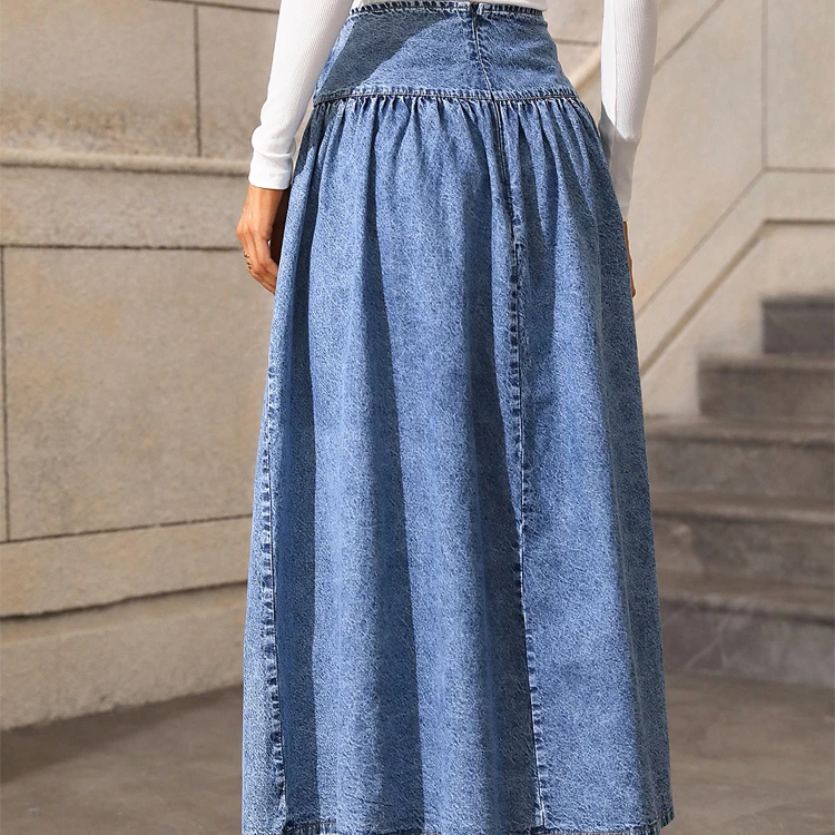 Long jeans skirt women denim high waist pleated denim midi skirt denim long skirt for women