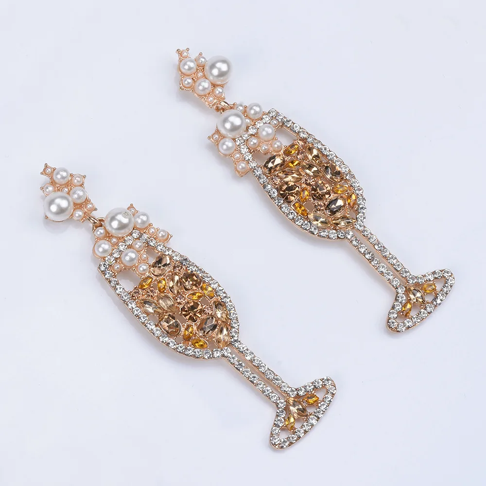 
New products creative and fresh stud gem stone temperament wild pearl jewelry pearl red wine glass women golden earrings 