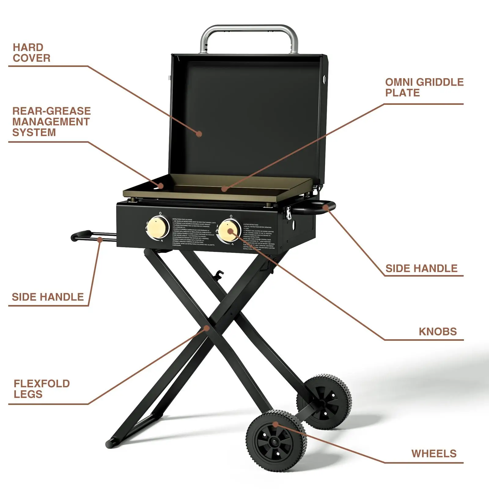 Miire Multifunction 2 Burner Griddle BBQ Grill with Flexfold Legs Wheels Side Hand Hard Cover OMNI Griddle Plate