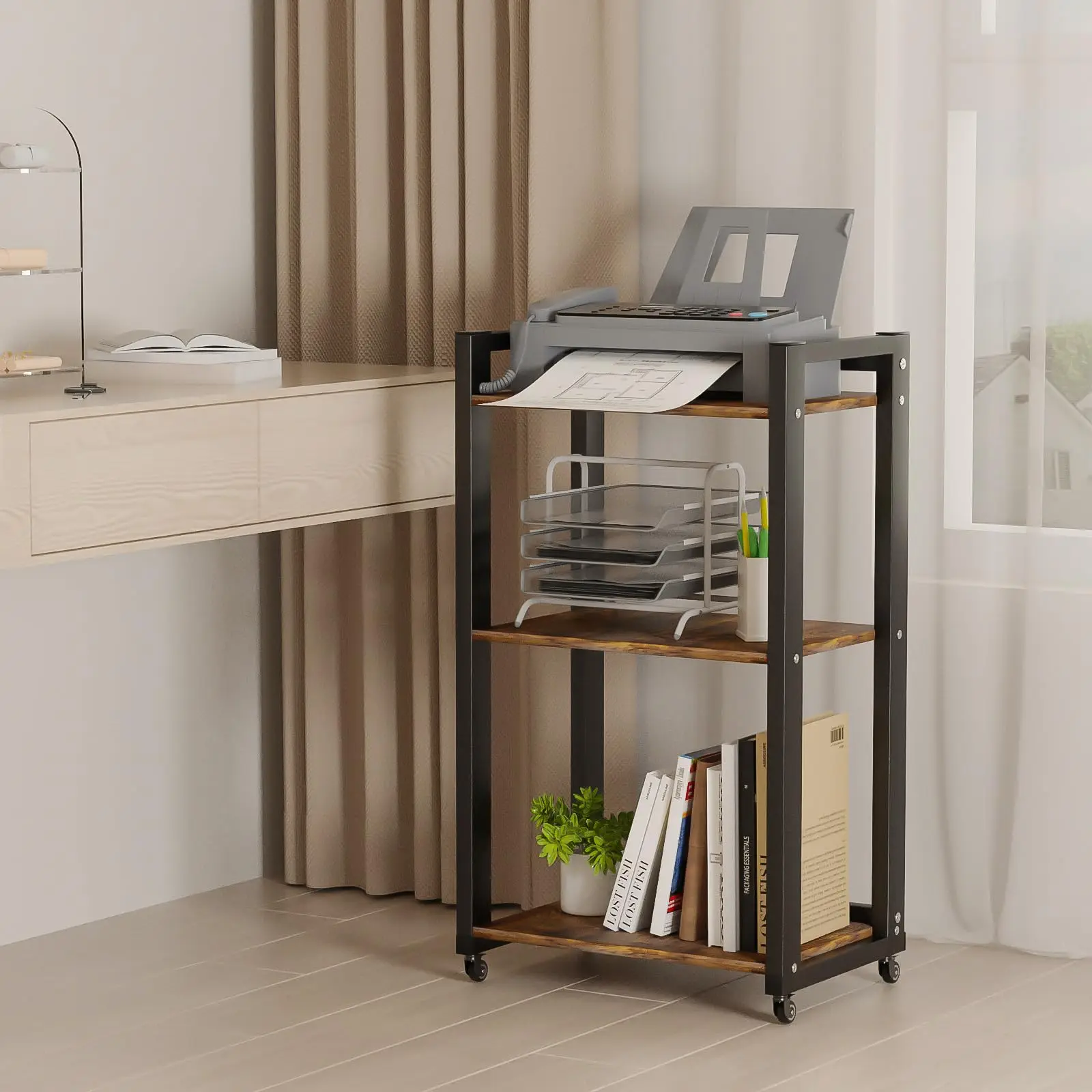 Home Office Fax Machine Scanner Files Adjustable Storage Shelf Rack 3 Tier Movable Printer Stand With Wheels