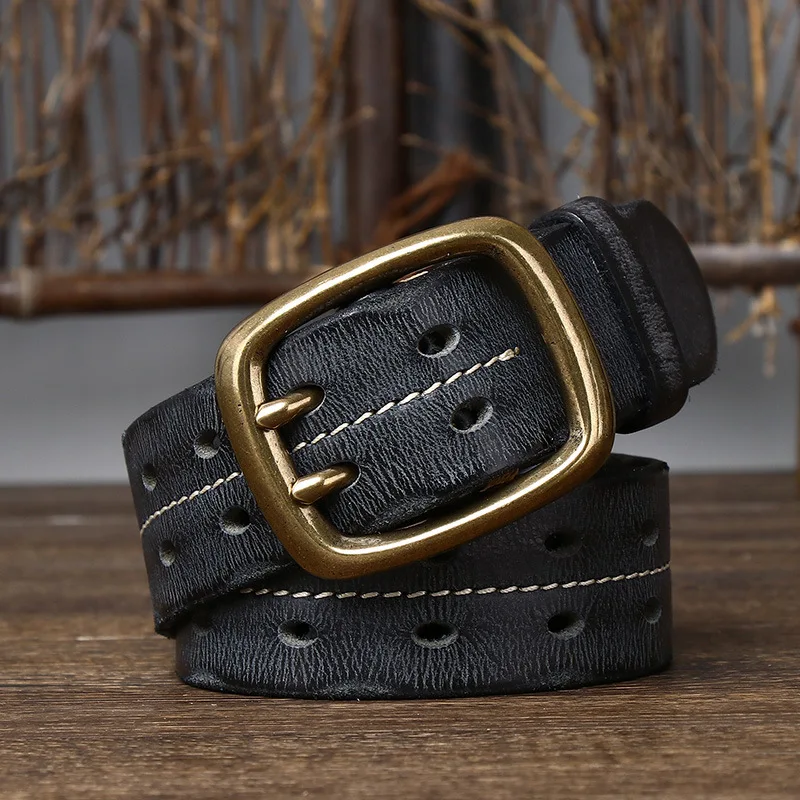 New retro personality trend to do old double buckle belt male leather pure cowhide Korean casual denim beltd