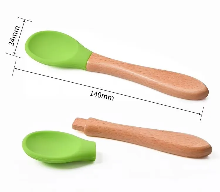 RTS Platinum Silicone Baby Fork Spoon Set Ready Stock Feeding Training Utensils Wooden Handle BPA Free Anti-Scalding Solid
