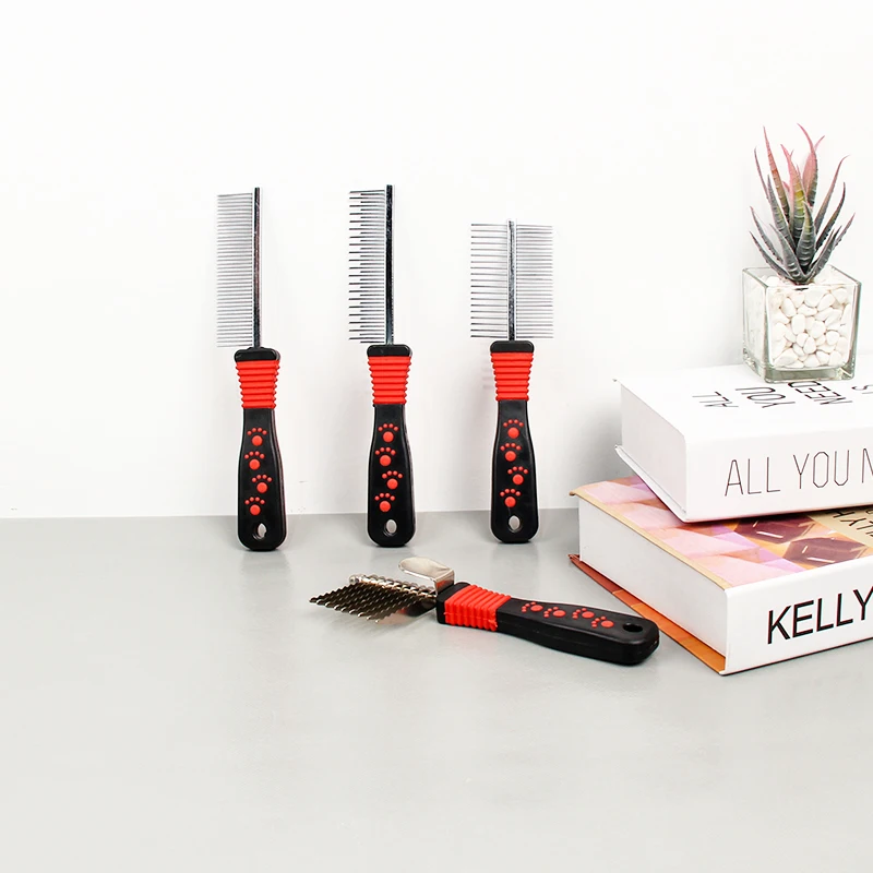 Оптовая продажа, нескользящий, эргономичный, удобный ручной инструмент из нержавеющей стали для ухода за питомцами, двухсторонняя расческа для собак и кошек