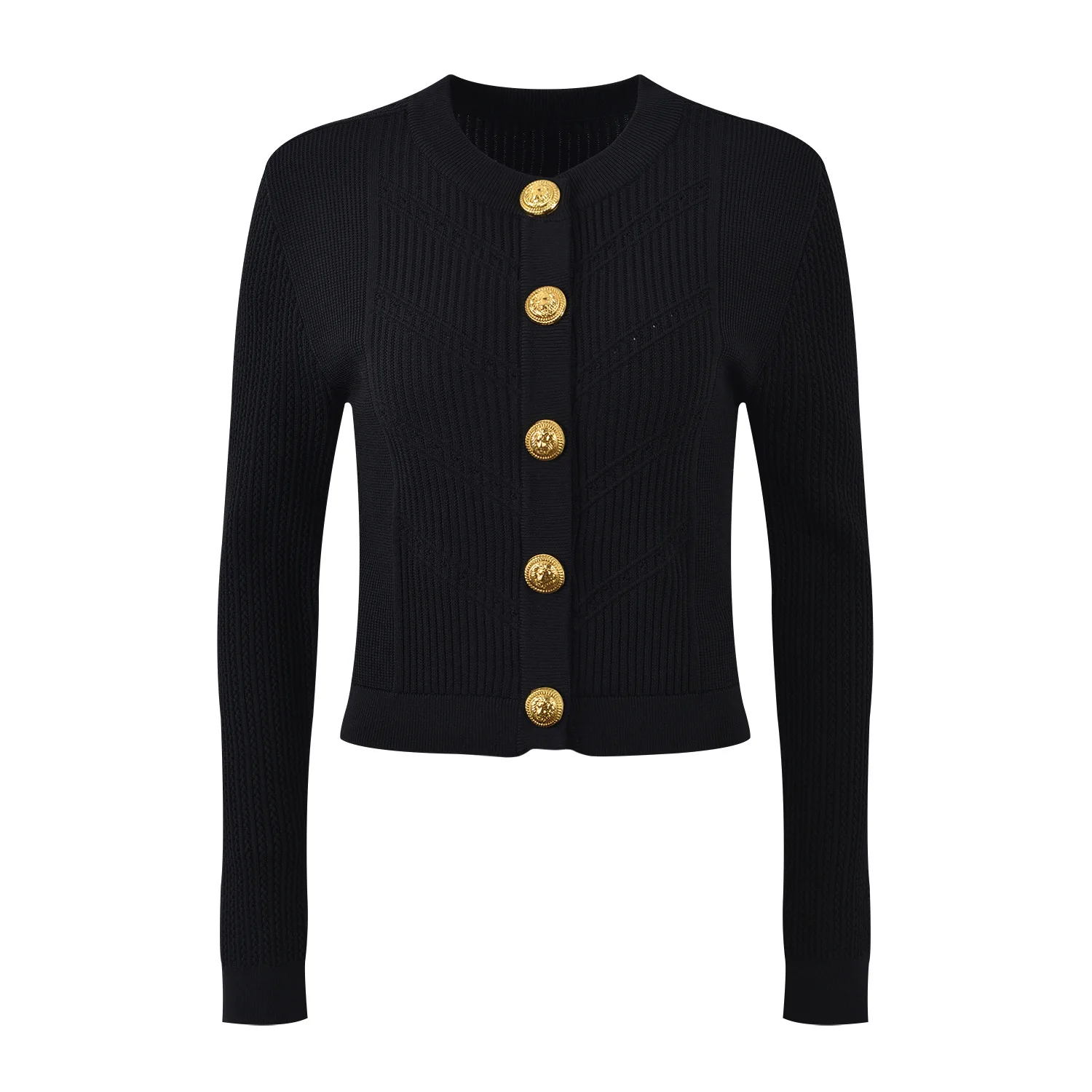 2024 Women Fashion Outfit Wholesale Metal Button Slim Round Neck Long-sleeved Knitted Sweater Cardigan