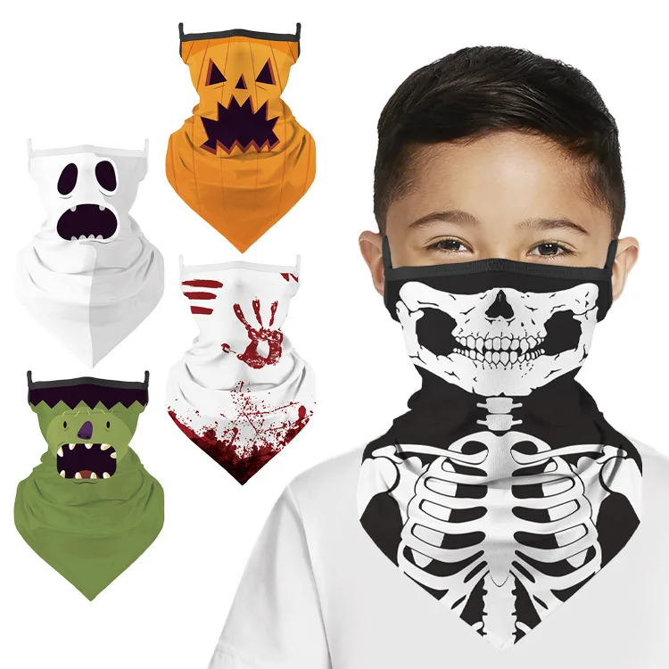 In stock Wholesale Custom Logo Brand Name Triangle Halloween Kids Bandana Children Face Scarf Nneck Gaiter with Ear Loop
