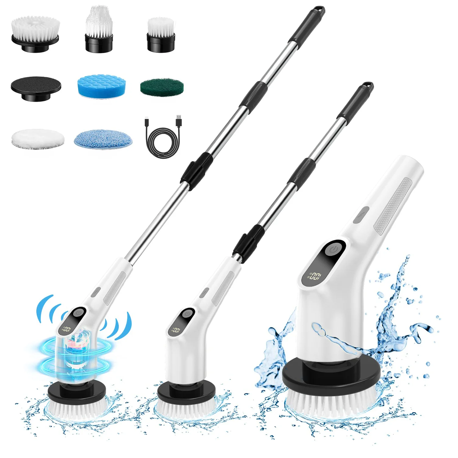 electric Spin Scrubber Turbo Scrub Cleaning Brush Chargeable Cordless Power Scrubber With Extension Handle With 7 Brush Heads