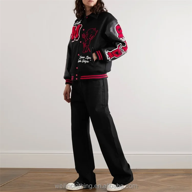 Custom chain chenille embroidered leather sleeve wool bomber letterman jacket for men