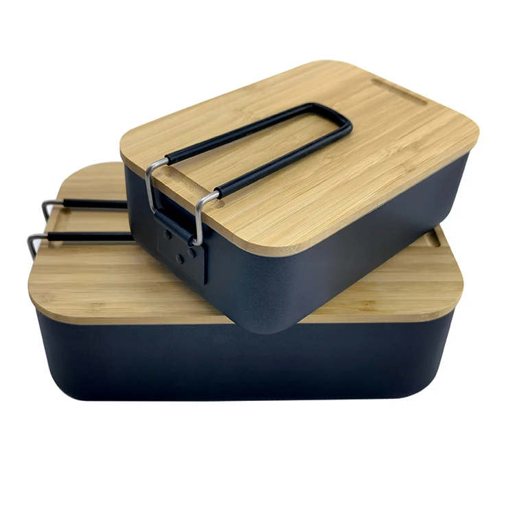 Travel Portable Aluminum Food Fruit Snack Storage Box Heatable Lunch Box Japanese Bento Lunch Box With Wood Bamboo Lid