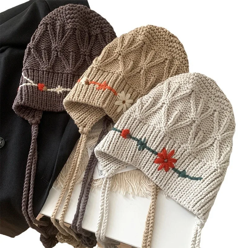 Crochet Flowers Plain Ear Protection Warm Thicken Knitted Autumn Winter Outdoor Beanies Hat With Custom Logo