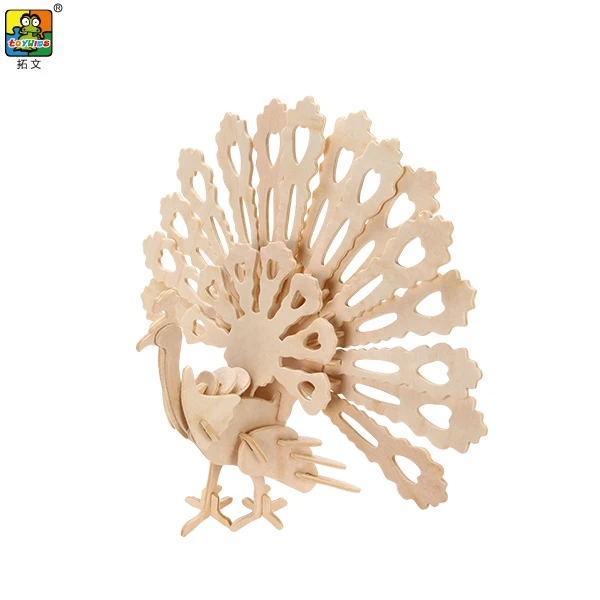 Educational Toy laser cut wood crafts supply Wooden Peacock shapes unfinished toy 3D wooden Puzzle for Promotion Craft Kit