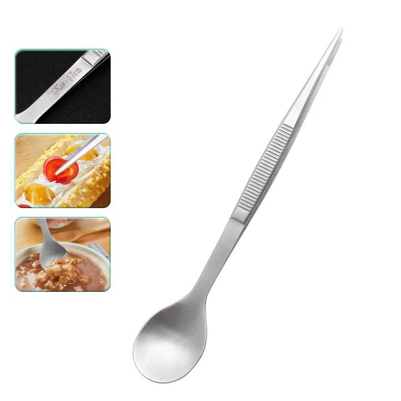 New arrival stainless steel Tasting spoon twezers 2 in 1 chef test spoon color plating kitchen tweezers for food