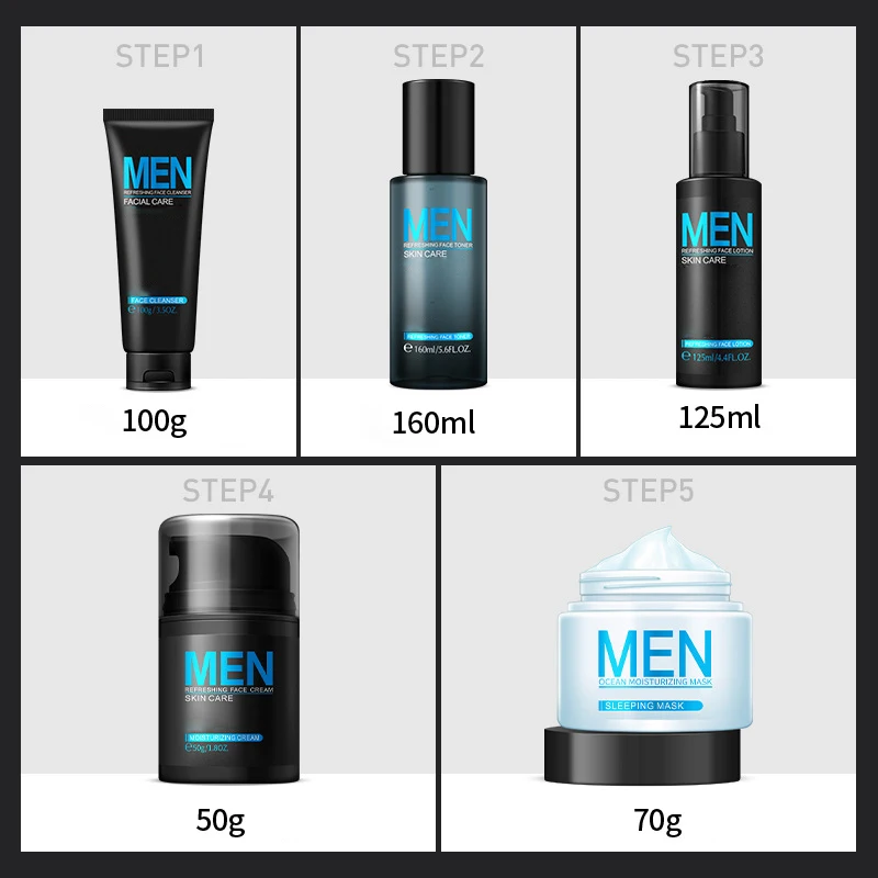 Oem Private Label Manufacturing 5pcs Men Care Moisturizing Anti Aging Cleansing Oil Control Facial Repairing Men Skin Care Kit