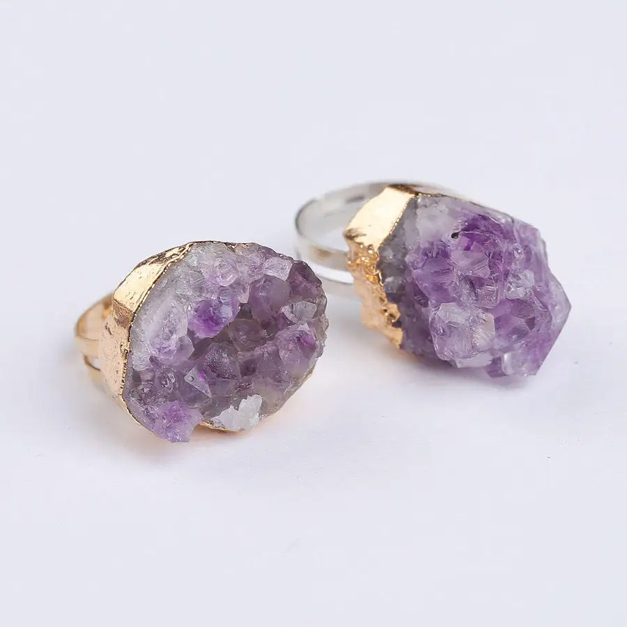 Natural Crystal Stone Ring Adjustable Natural Gemstone Amethyst Druzy Ring Crystal Rings Natural Stone