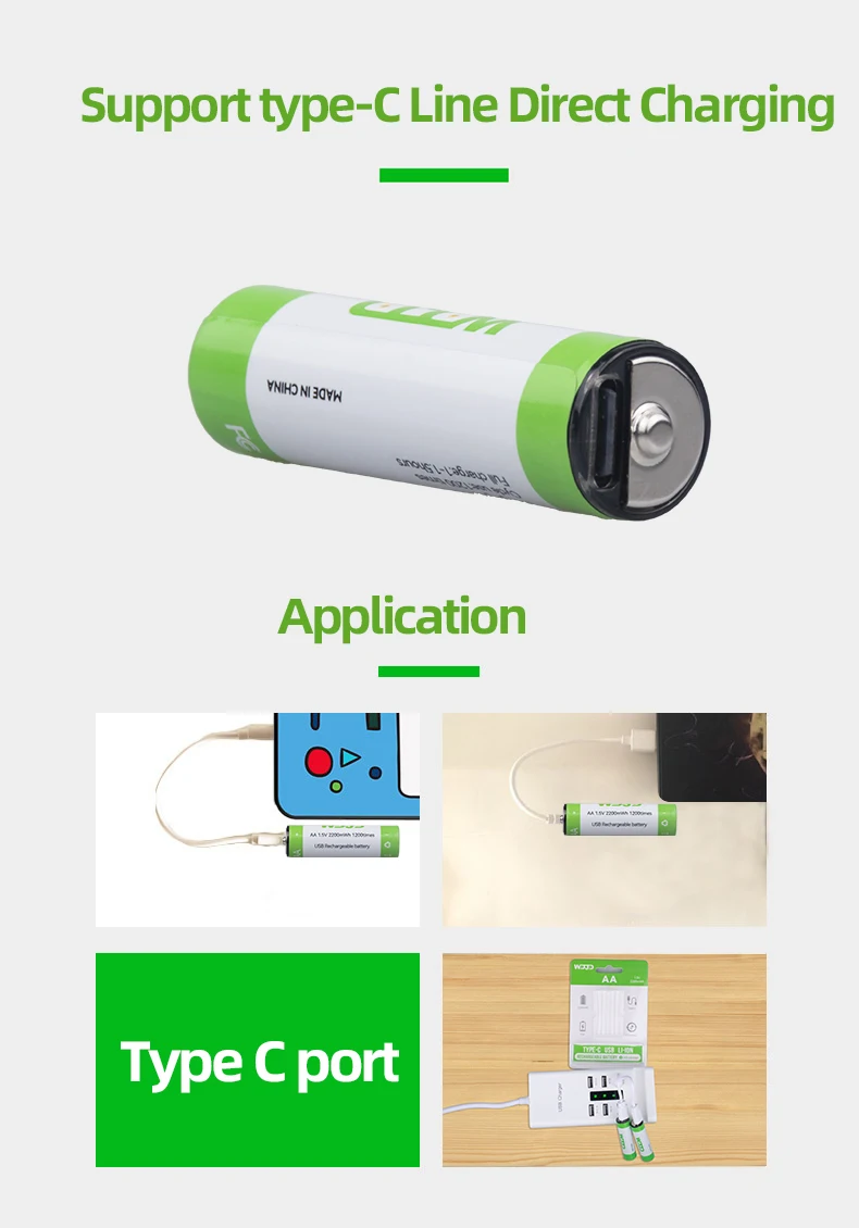 1.5V AA 2200mWh Rechargeable Lithium Ion  Battery with Type C USB Port Type C USB Charging Lithium Cell Lithium Ion Batteries