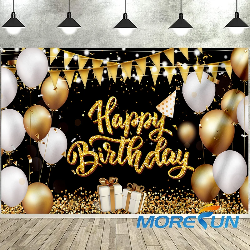 Happy Birthday Party Decorations Polyester Photo Background Glitter Balloon Fireworks Sign Banner Poster for Birthday Party