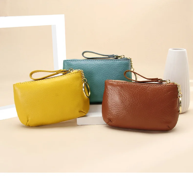 Custom Logo Full Grain Leather Coin Purse with Key Chain Small Cowhide Coins Change Wallet for Men Women