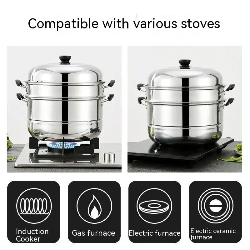 Stainless Steel Steamer Three-layer Pot Soup Double Bottom Gas Induction Cooker with Steam Grid Cooking Cover