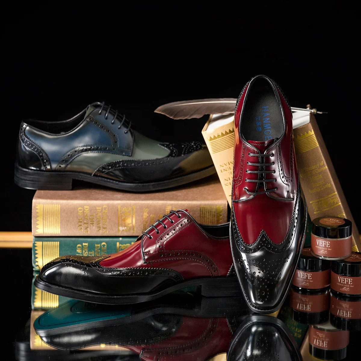 Low MOQ popular design formal men shoes black grey & black red color men block shoes