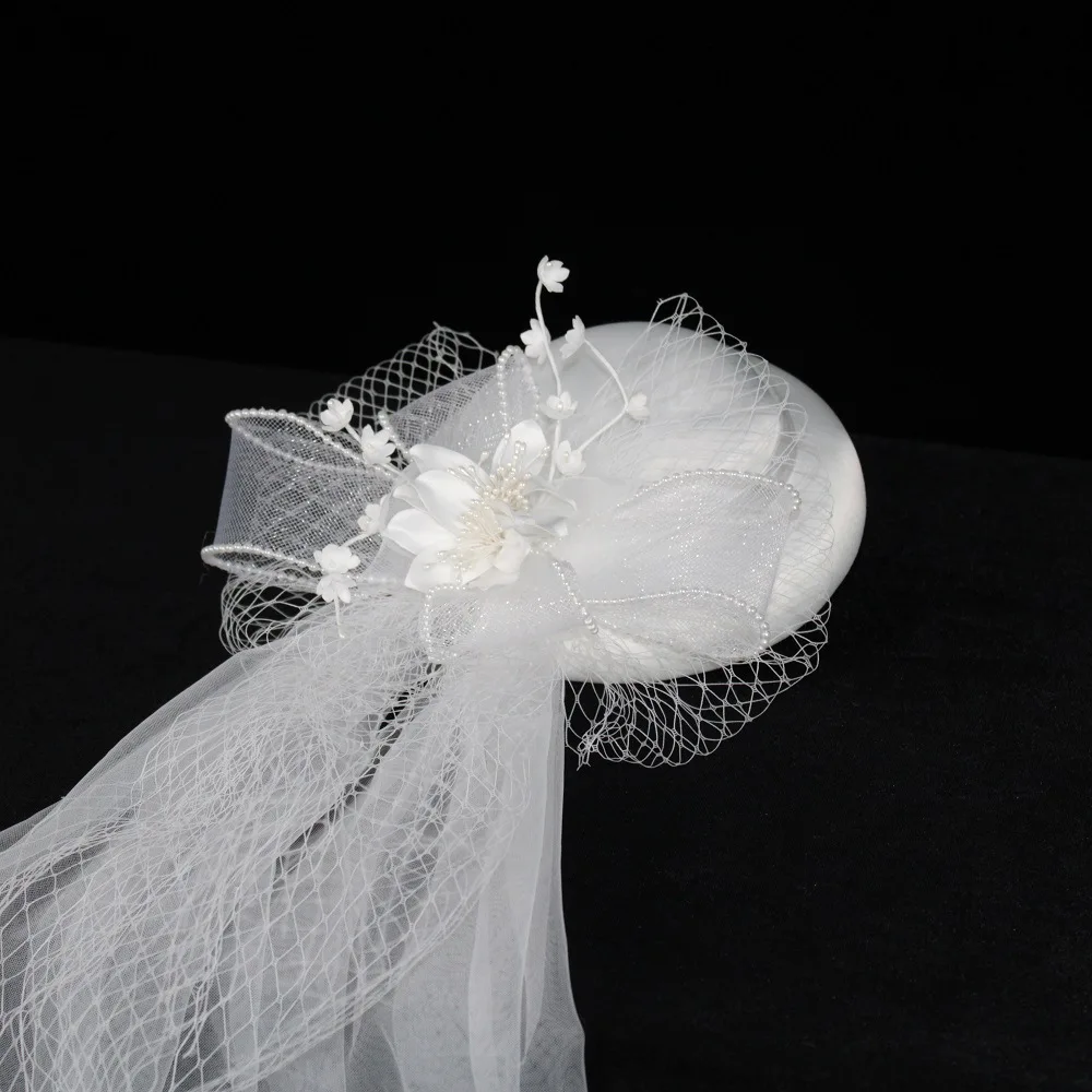 wholesale fashion Women white satin flowers beret mesh veil pillbox hat Kentucky Derby bride hats church wedding new arrival