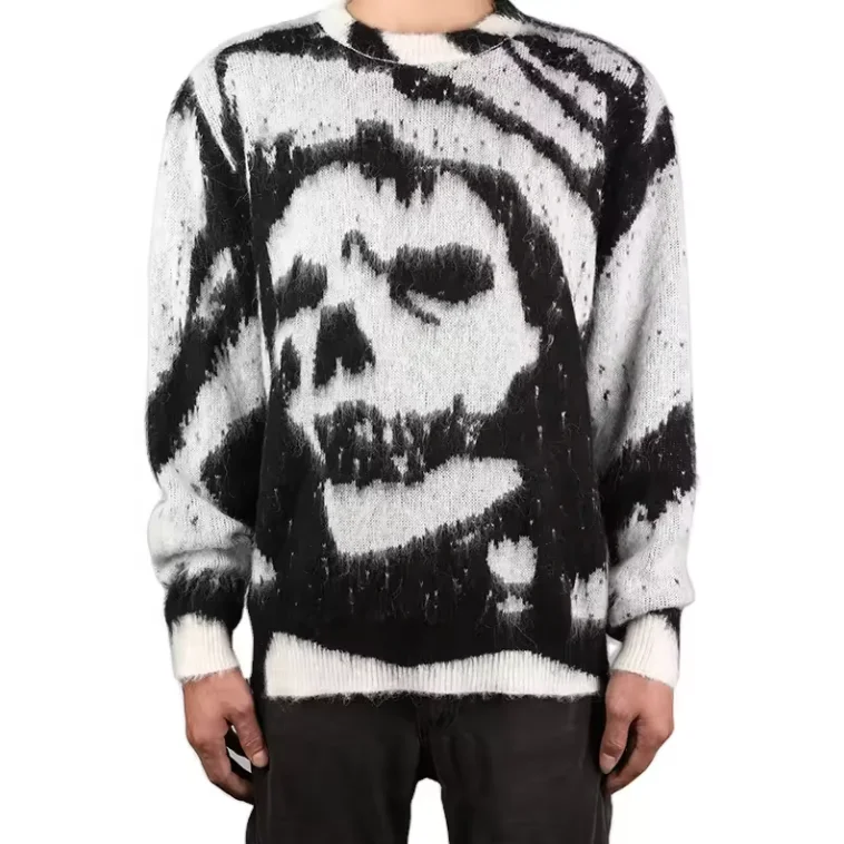 Custom OEM & ODM men mohair sweater Fuzzy Jacquard pattern knitwear winter knitted jumper custom pullover sweater men