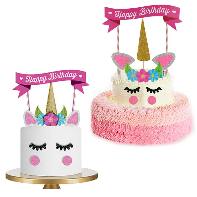 DIY Unicorn Horn Happy Birthday Cake Topper Banner Kit For Kids Birthday Party Decoration Unicorn Glitter Cake Topper
