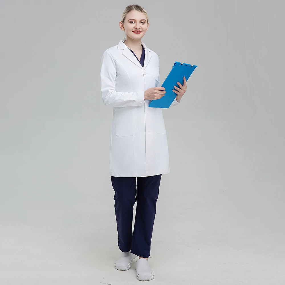 Custom LOGO Men And Women Medical Uniform White Lab Coat With Notch Collar Long Sleeve Doctor Gown Hospital Surgical Robe