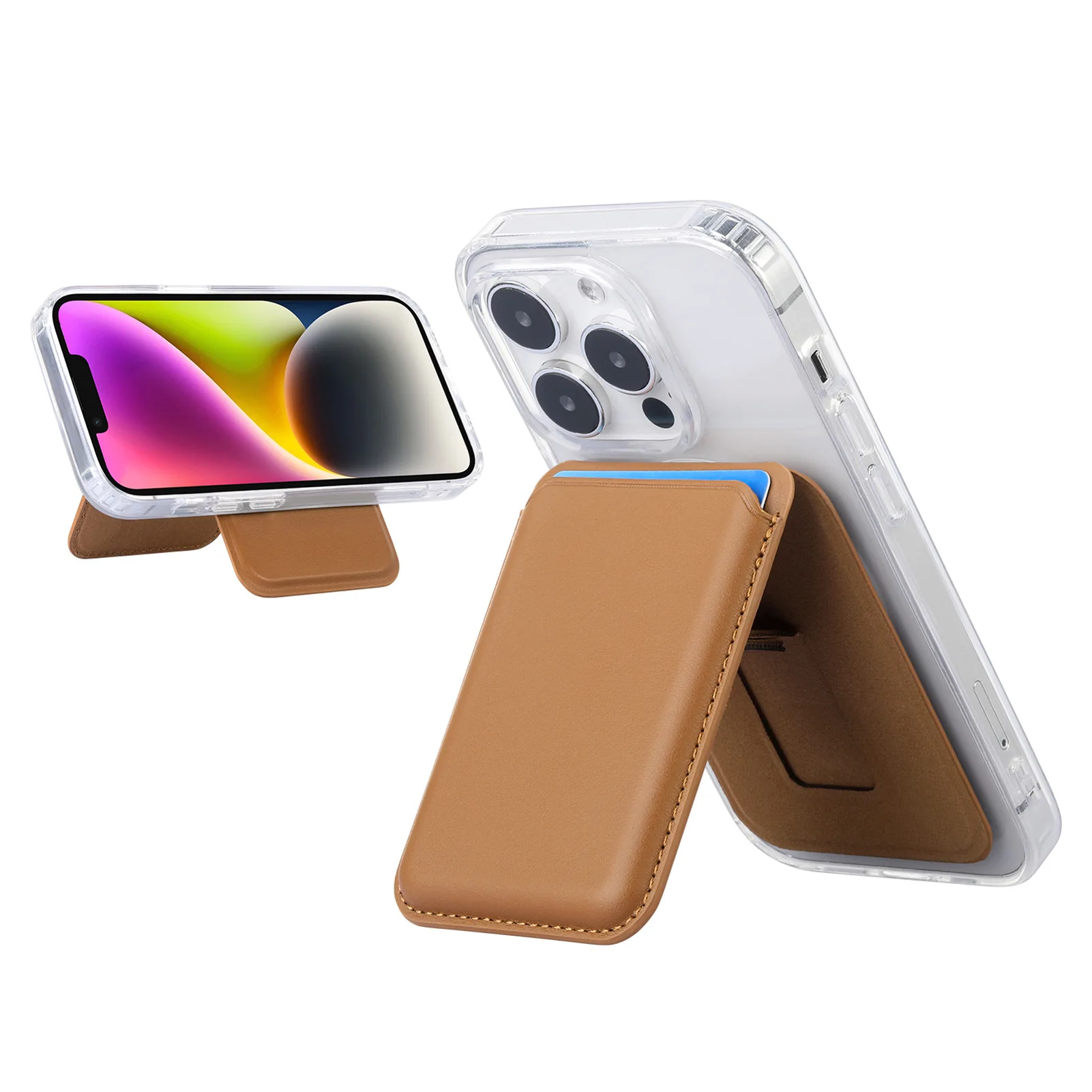 PU Leather Cellphone Magsaf Magnetic Card Holder For Iphone 16 15 14 13 12 Series Phone Magnet Wallet Stand