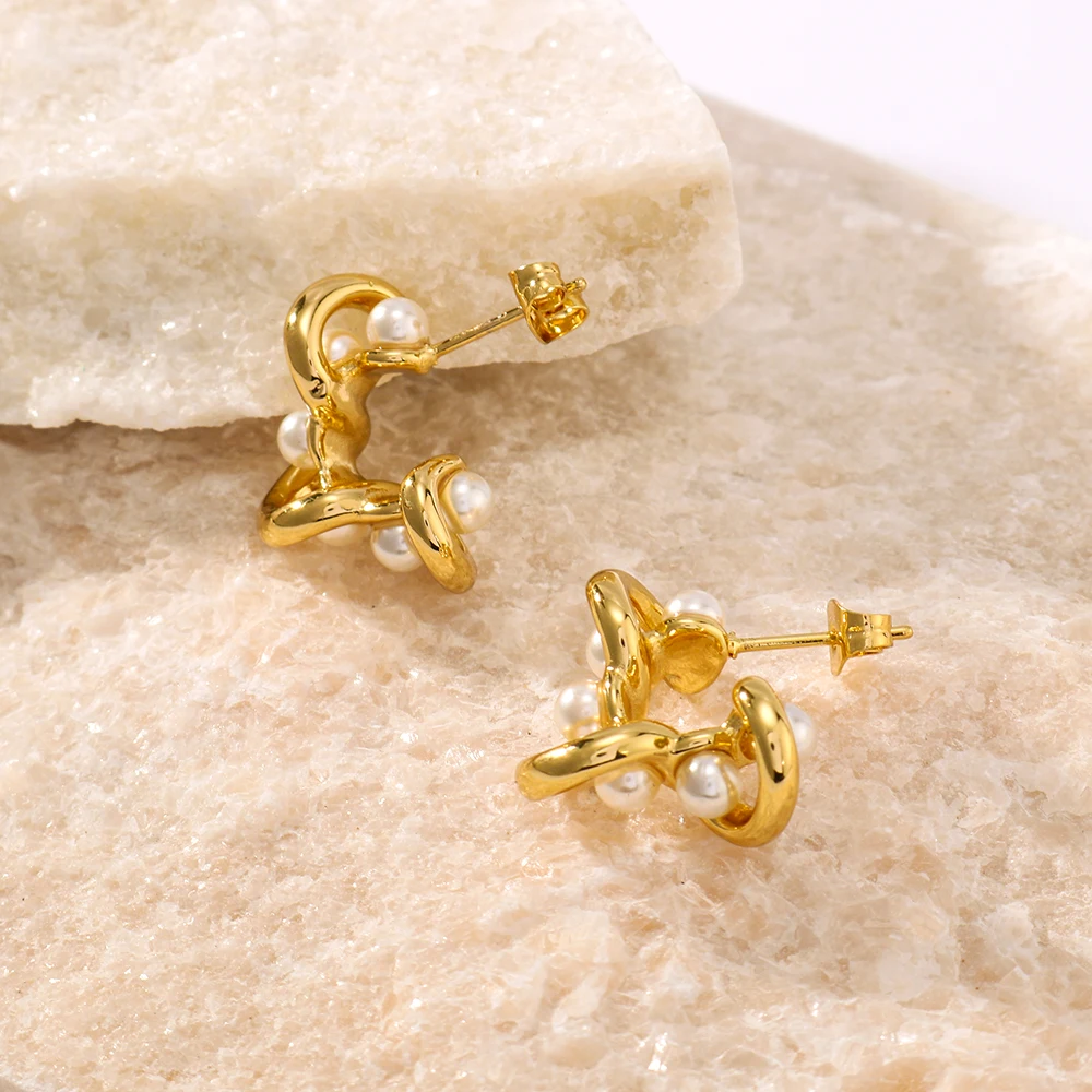 Trendy new geometric large C-shaped irregular lines wrapped pearl earrings elegant and charming ladies 18K gold plated