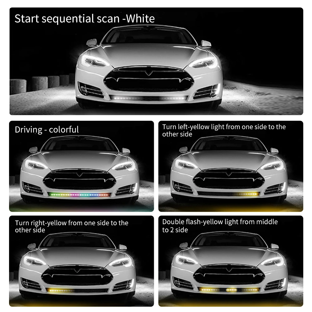 12-24v Auto Front Grille Drl Led Strip Lights 0.6/0.8/1.2/1.5M  Decoration Flexible RGB DRL Dynamic Turn Signal Headlight