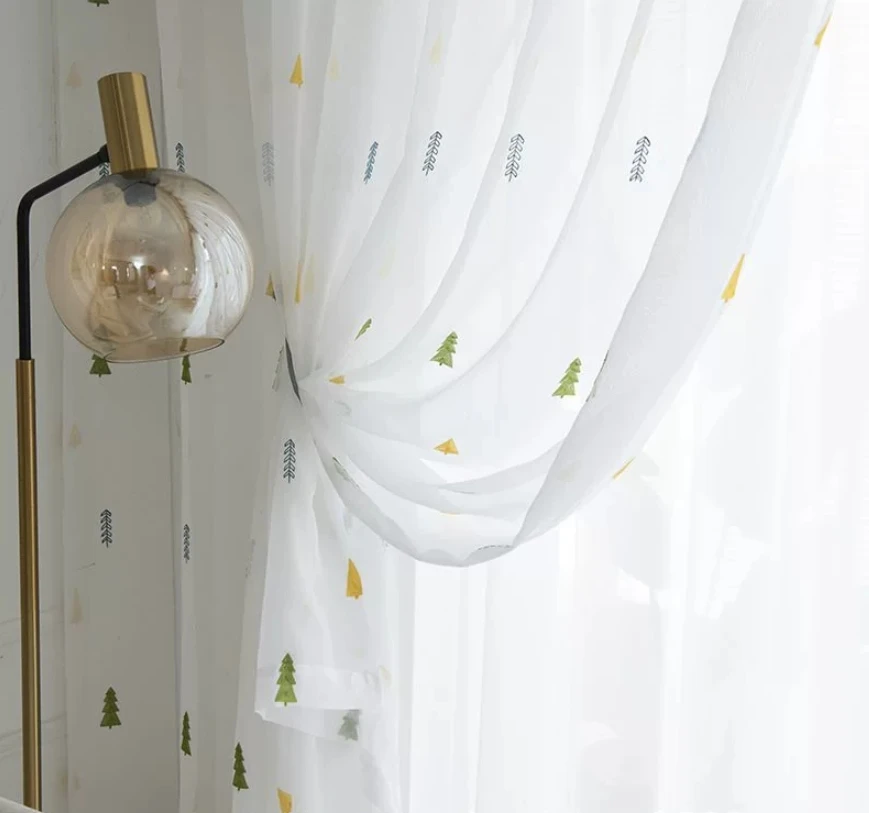 ZSTARR Factory Home Use Custom Christmas Tree Embroidered Linen Fabric Window Decoration Curtains Sheer for Living Room Bedroom
