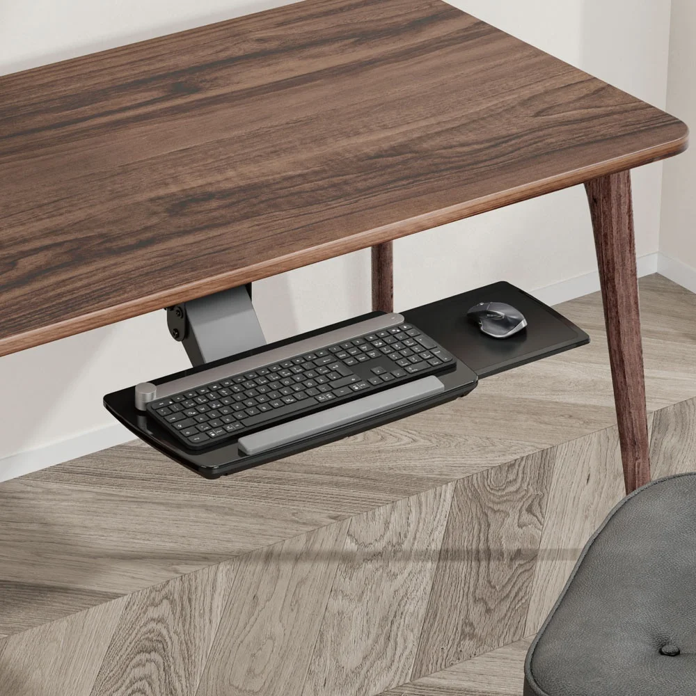 Ergonomic Sliding Adjustable Underdesk Shelf Computer Swivel Under Desk Keyboard Tray with Mouse Pad for Gaming Home Office Desk