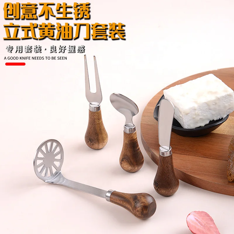 Wooden Handle Stainless Steel Potato Press Cheese Knife Fork Spoon Set Kitchen Baking Tools