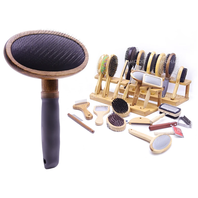 Slicker Brush for Dogs & Pet Comb Ergonomic Solid Wooden Handle Best Extra Long Pin Dog Grooming Brush