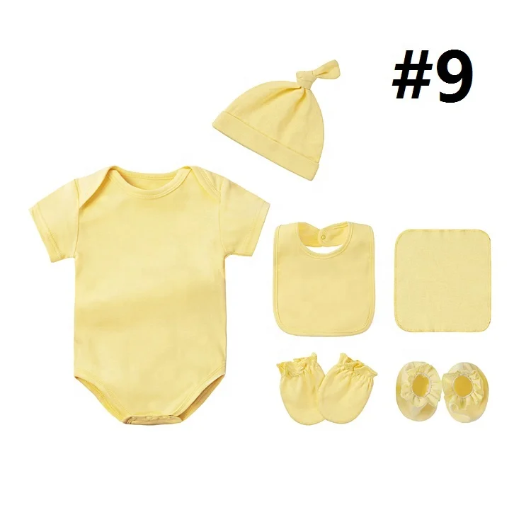 Custom Logo Newborn baby cotton clothes hat bibs socks mittens short sleeve baby romper set
