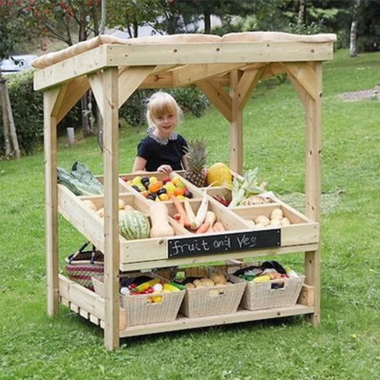 Outdoor Solid Wooden Children Role Play Centre 2 Tires Robust Market Fruit And Veggie Stall For Kids