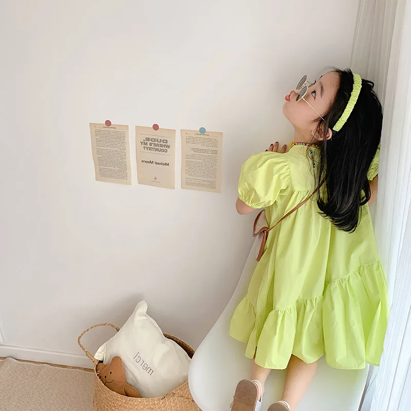 2021 New Fashion Kid  Toddler Girl Neon Green Ruffle Solid Dress for Summer 3-7T